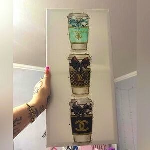 Lux Designer Coffee Cup Wall Art Decor NWT LV TIFFANY CHANEL BOWS GLITTER CUTE